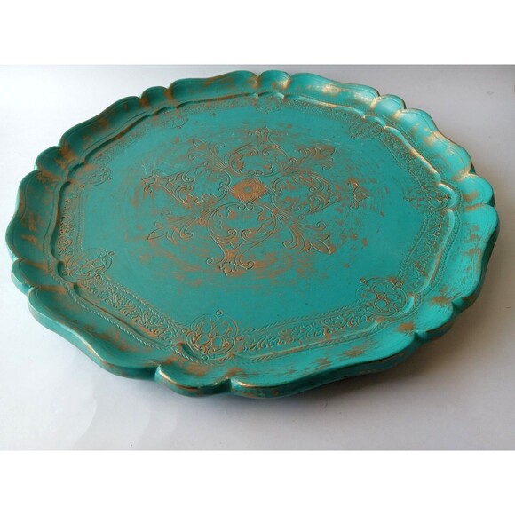 VTG Galway Inc. Etched Wood 13.5" Turquiose & Gold Decorative Plate Tray - Picture 2 of 16